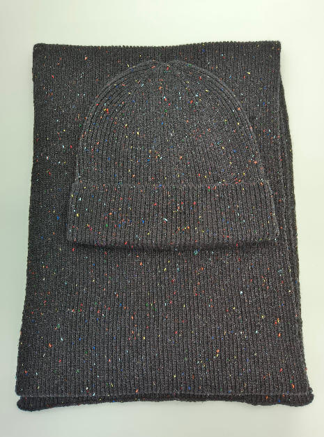 Dark grey knitted beanie hat and matching scarf set with multicolor confetti speckle pattern, laid flat on white background - ISO 9001 quality controlled