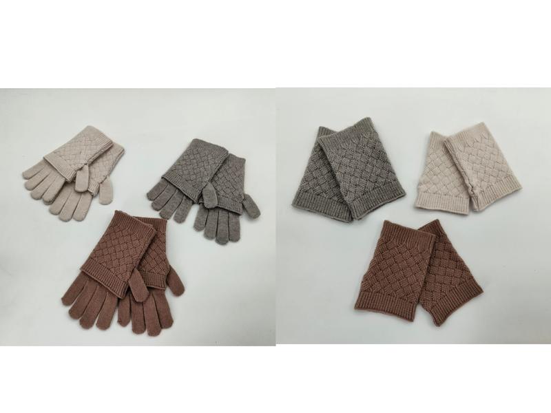 Diamond pattern knit gloves and fingerless wrist warmers in beige, grey, and brown displayed on white surface - custom size no extra charge