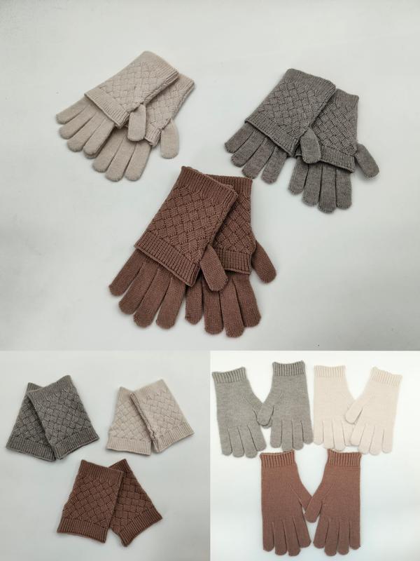 Three pairs of diamond-pattern knit winter gloves in beige, gray, and brown, shown with matching fingerless wrist warmers - custom Pantone color matching
