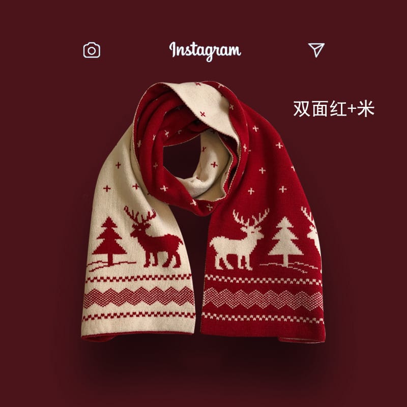 Reversible red and cream knitted winter scarf featuring reindeer, pine trees, and Nordic Fair Isle pattern displayed on dark red background - custom size no extra charge
