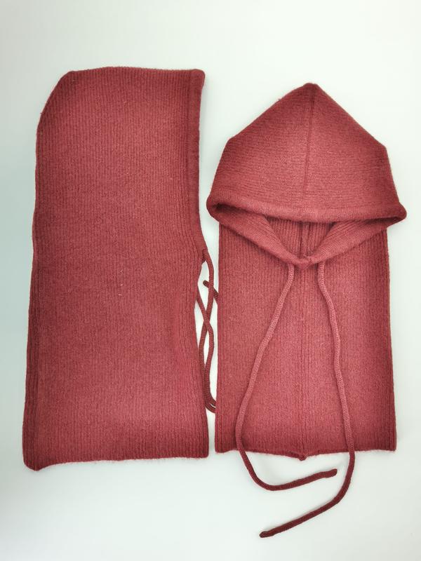 Two-piece dusty rose ribbed knit balaclava hood with drawstring and matching tube scarf laid flat on white background - custom packaging design free