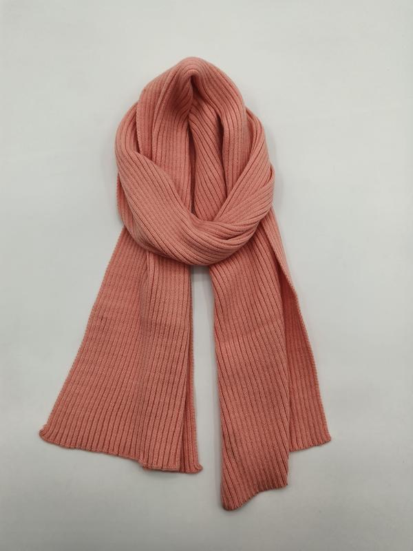 Dusty rose pink ribbed knit scarf loosely wrapped on white background, showing fine rib texture and soft drape - 5-day digital sample ready