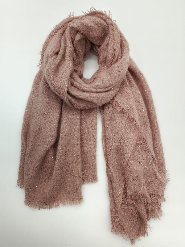 Dusty rose pink soft knit oversized scarf with scattered sequins and frayed fringe edges, loosely coiled on white background - ODM OEM service available - jacquard custom pattern accepted