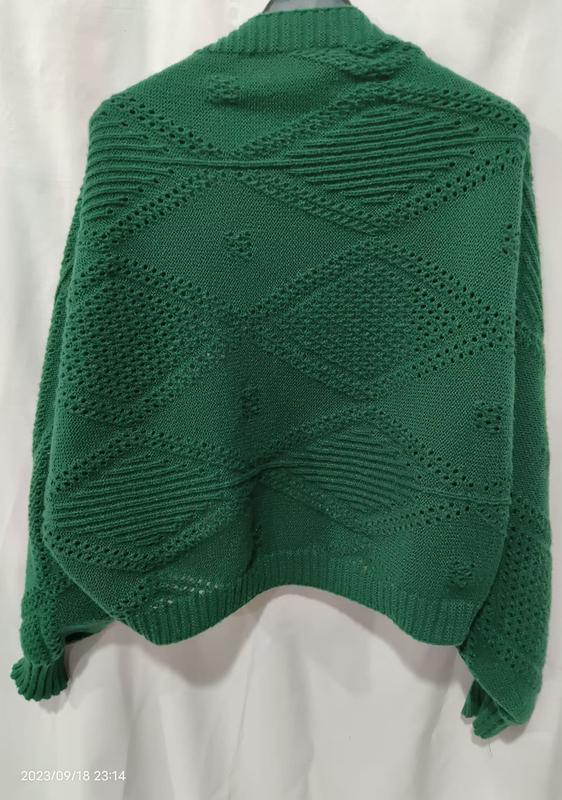 Back view of green chunky knit sweater with diamond openwork pattern and ribbed hem on mannequin, white background - ISO 9001 quality controlled