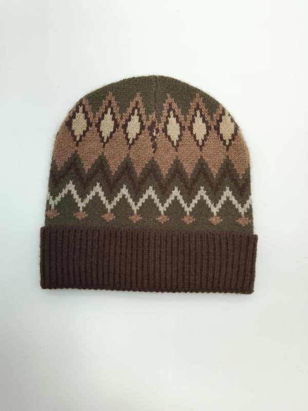 Brown olive and cream Fair Isle patterned knit beanie hat with ribbed cuff and diamond zigzag design on white background - request quote reply same day