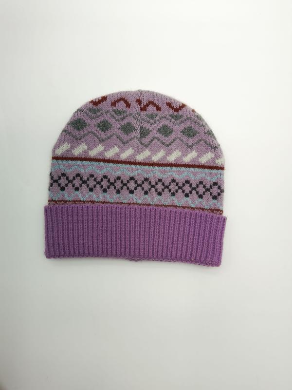 Lilac purple Fair Isle knit beanie hat with multicolor geometric patterns and ribbed cuff, flat lay on white background - WhatsApp quote in 2 hours