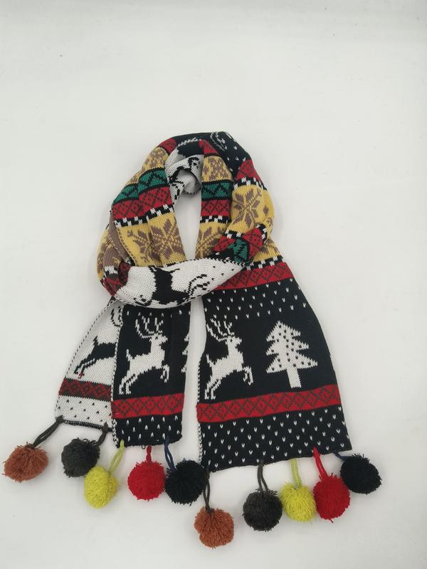 Colorful knit winter scarf with reindeer, Christmas tree Fair Isle pattern and multicolor pom-pom fringe ends - retail buyer inquiry welcome - contact for custom design quote