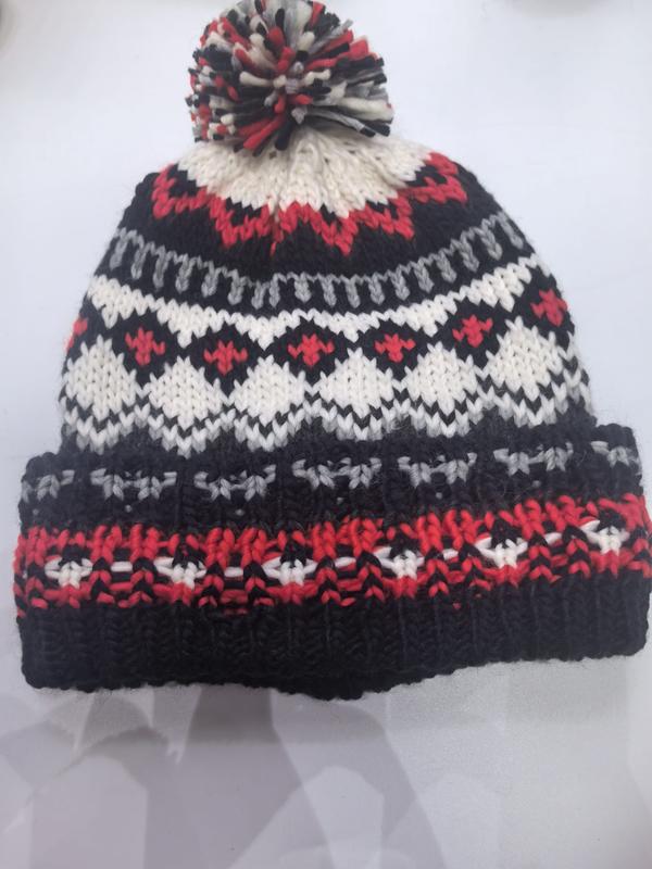 Handknitted Fair Isle winter beanie hat in black, red, white and grey with multicolor pom pom on top - 5-day digital sample ready