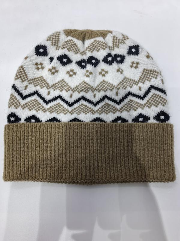 Folded Fair Isle knit winter beanie hat with tan ribbed cuff, white body, navy and tan chevron zigzag and floral pattern - BSCI + Oeko-Tex + GRS certified