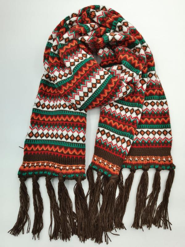Colorful Fair Isle knitted scarf with red, green, orange, white, and brown geometric patterns and dark brown fringe ends - small batch 100pcs accepted