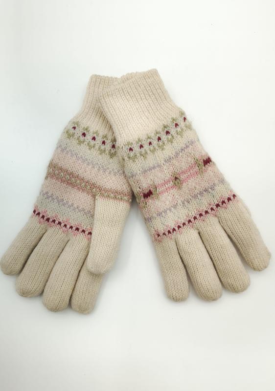 Pair of cream knitted Fair Isle gloves with pink, burgundy, and sage green patterned bands on white background - bulk order 20-day delivery