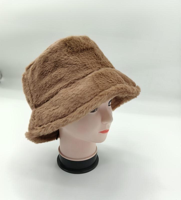 Camel brown faux fur bucket hat displayed on a mannequin head, showing plush fluffy texture and wide brim - BSCI audit passed supplier