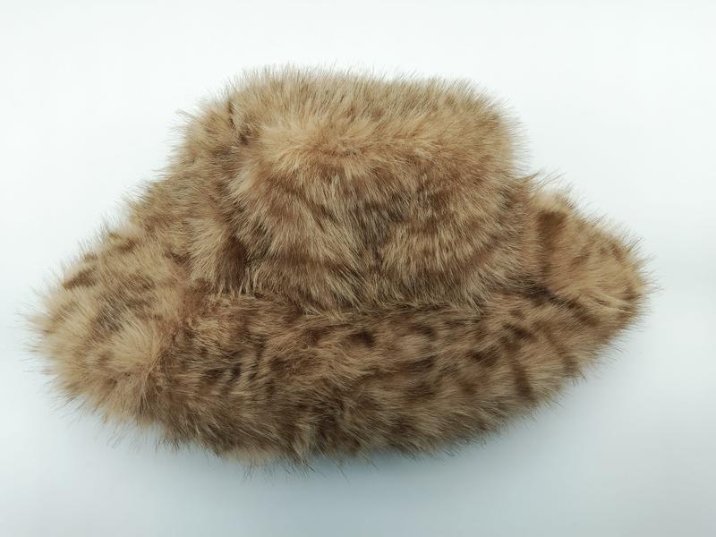 Tan and brown spotted faux fur wide brim bucket hat with fluffy texture on white background - 5-day digital sample ready