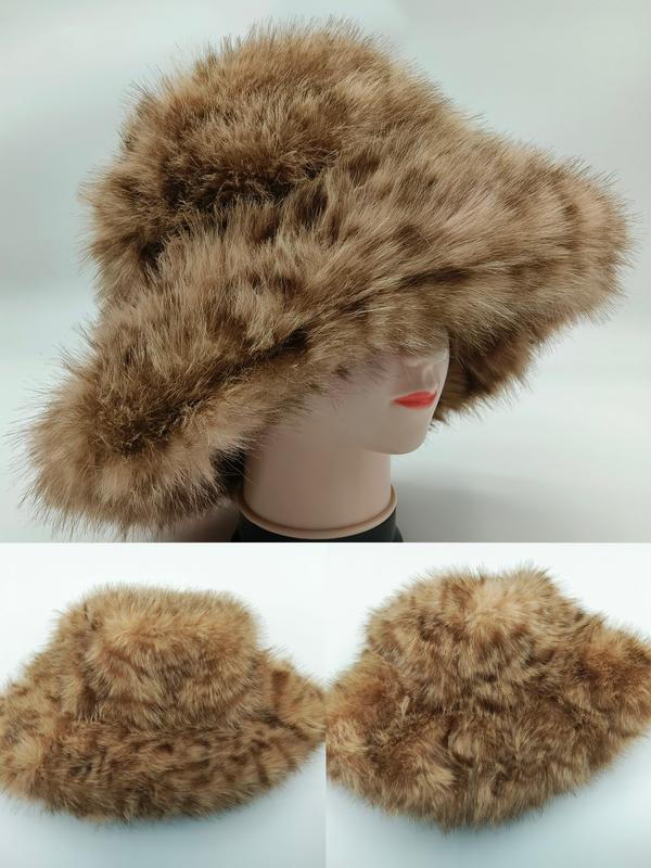 Tan brown faux fur wide brim bucket hat displayed on mannequin head, shown from multiple angles - retail buyer inquiry welcome
