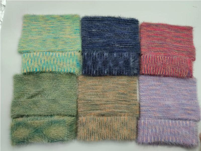 Six fluffy eyelash yarn fabric swatches in teal, navy, pink-red, sage green, tan beige, and lavender arranged in a grid - custom logo label accepted