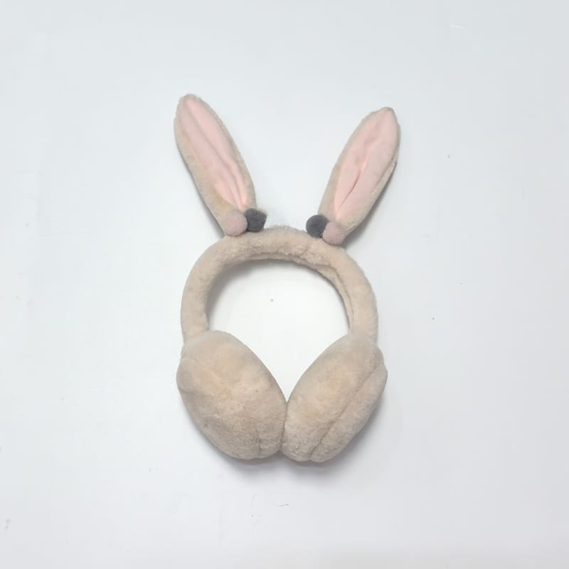 Beige fluffy faux fur earmuffs with soft headband on white background, cozy winter ear warmers - express production 15 days