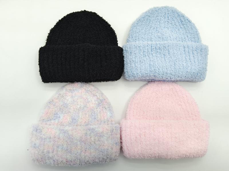 Four fuzzy knit beanies in black, light blue, pastel pink, and multicolor plaid laid flat on white background - small batch 100pcs accepted