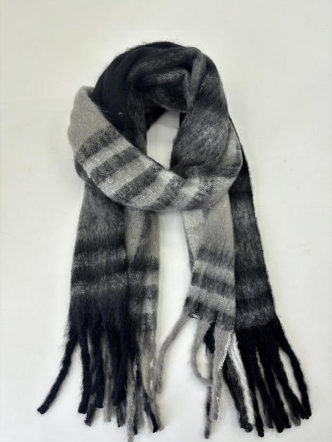 Soft fluffy black and grey striped winter scarf with knotted loop and long fringe tassel ends, laid flat on white background - express production 15 days