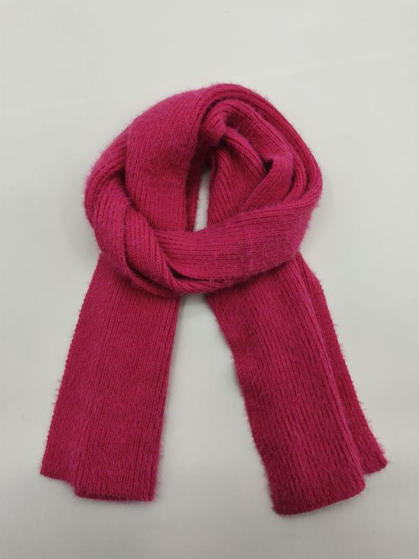 Fuchsia pink ribbed knit scarf folded in a loop on white background, soft fuzzy textured yarn - small batch 100pcs accepted
