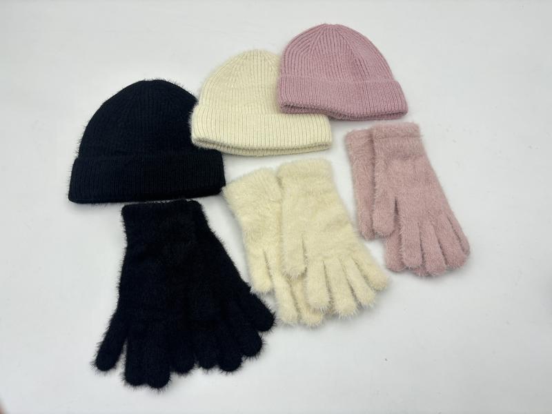 Three matching sets of fuzzy knit gloves and ribbed beanies in black, cream, and dusty pink arranged on white background - low MOQ 50pcs trial order