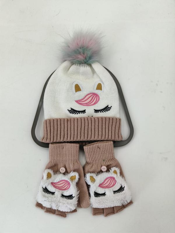 Girls white knit unicorn beanie with pastel pom pom and matching tan convertible fingerless mittens set - hotel amenity scarf supplier