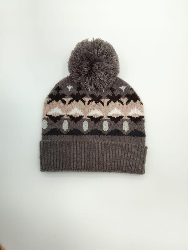 Gray knit winter beanie hat with Fair Isle Nordic pattern in pink, brown, and white, featuring a fluffy gray pom-pom on top - boutique retail bulk order