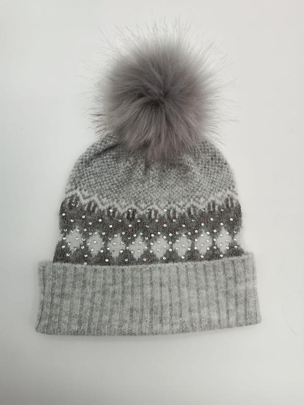 Gray knit winter beanie with Fair Isle snowflake pattern, crystal rhinestone details, ribbed cuff, and fluffy faux fur pom-pom on top - MOQ 100pcs mixed colors OK