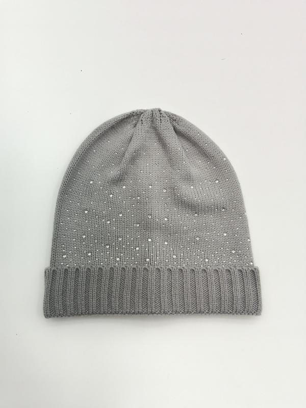 Gray ribbed cuff knit beanie hat scattered with small crystal rhinestone studs on a white background - gift shop wholesale supplier