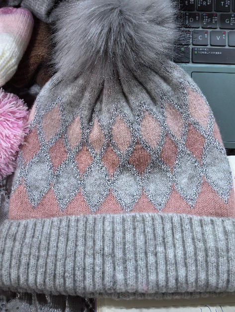 Gray and pink argyle pattern knit winter beanie hat with large faux fur pom pom on top - Oeko-Tex Standard 100 certified