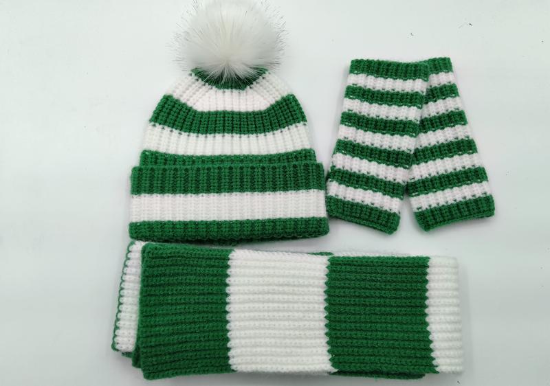 Green and white striped knit winter set including pom pom beanie hat, scarf, and fingerless gloves on white background - ODM OEM service available - small batch 100pcs accepted