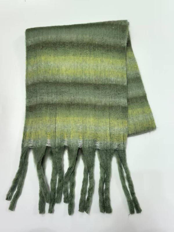Folded green and yellow striped soft mohair scarf with twisted fringe tassels on white background - small batch 100pcs accepted