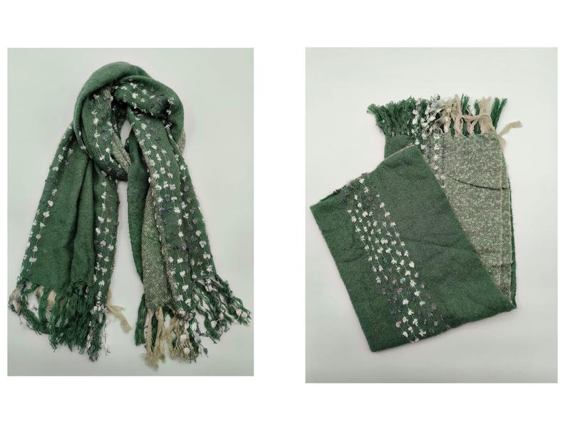 Green handwoven scarf with white and lavender floral dot embroidery, fringe ends, shown draped and folded - winter accessories wholesaler