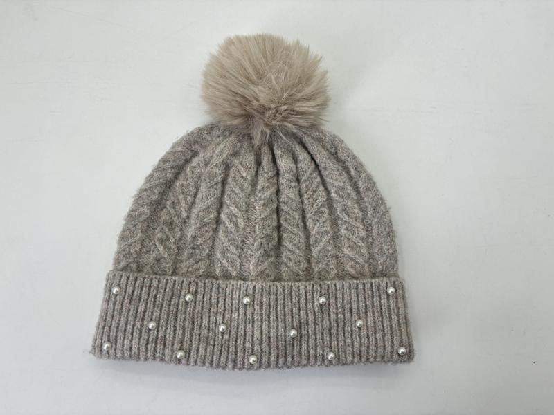 Grey cable knit winter beanie hat with faux fur pom pom on top and pearl bead embellishments along ribbed cuff - boutique retail bulk order