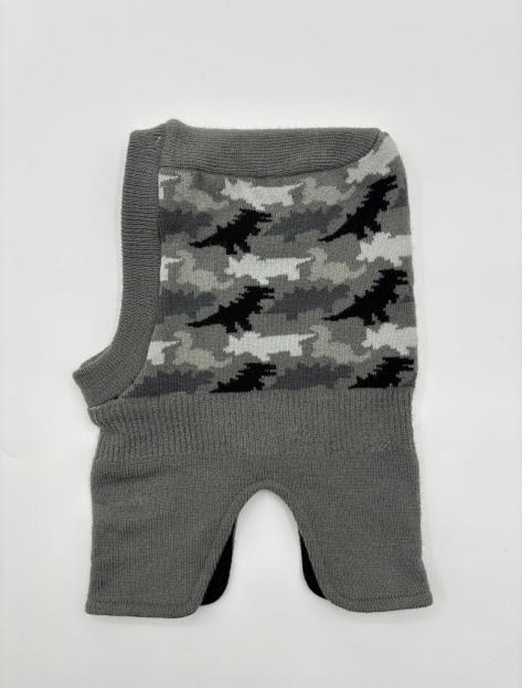 Grey knit balaclava laid flat showing black white grey camouflage jacquard pattern on front panel with ribbed edges - retail buyer inquiry welcome - ask bulk pricing get discount