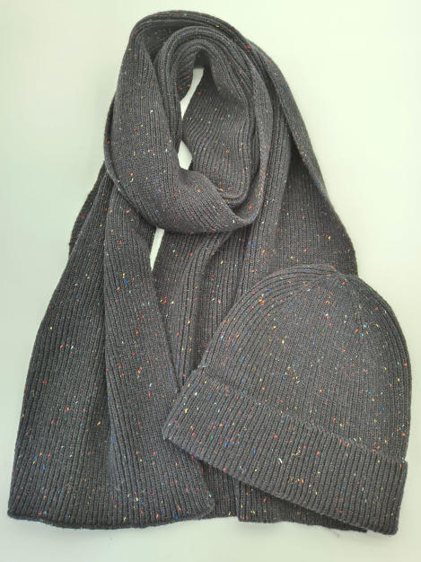 Grey ribbed knit scarf and beanie hat set with multicolor confetti speckle detail, laid flat on white background - BSCI + Oeko-Tex + GRS certified