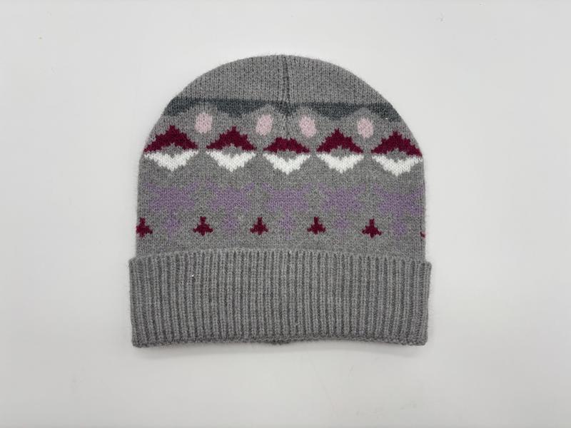 Grey knitted beanie hat with Fair Isle pattern featuring burgundy, white, pink and lavender geometric motifs and ribbed cuff - gift shop wholesale supplier