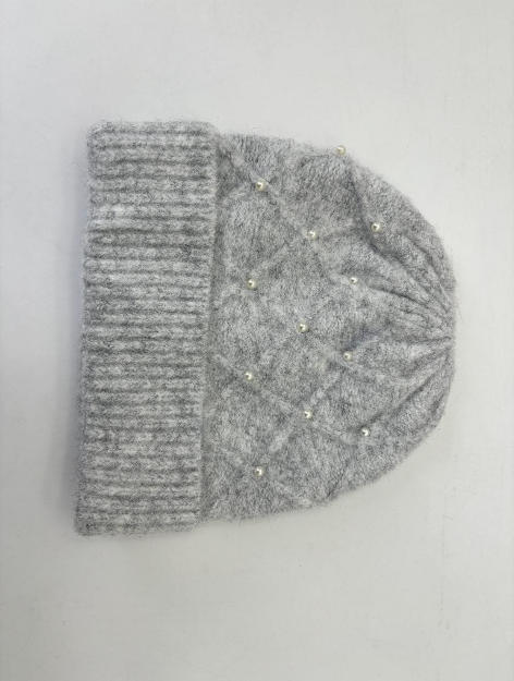 Grey soft knit beanie hat with diamond pattern and scattered pearl bead accents on white background - event merchandise supplier