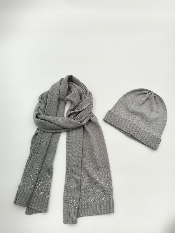 Grey knitted beanie hat and long scarf set with scattered rhinestone crystal details on white background - MOQ 100pcs mixed colors OK
