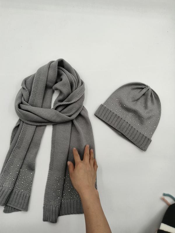Grey knitted scarf and beanie hat set with scattered rhinestone embellishments laid flat on white surface - low MOQ 50pcs trial order