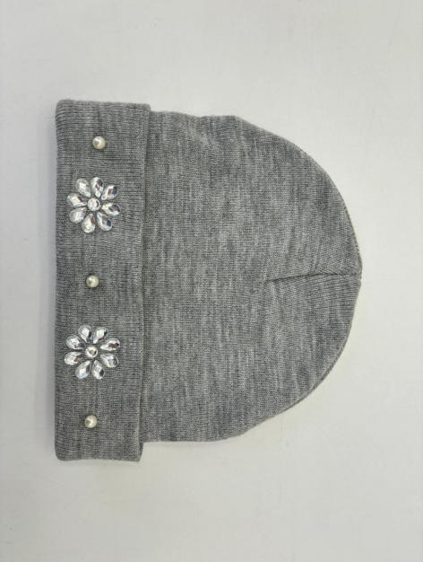 Grey marl knit beanie hat with folded cuff decorated with crystal flower appliques and pearl studs on white background - wholesale price for Europe buyers