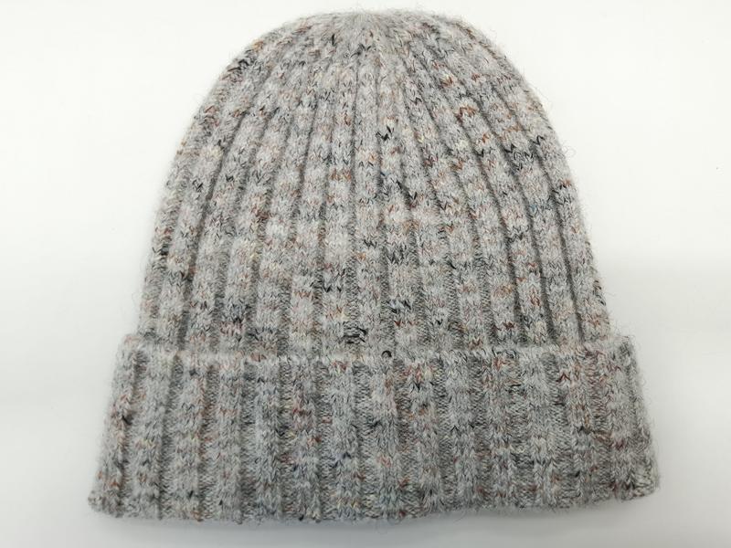 Grey marl ribbed knit beanie hat with multicolor flecked yarn and folded cuff, laid flat on white background - custom size no extra charge
