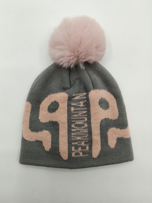 Grey knit winter beanie hat with large pink graphic letters and fluffy pink faux fur pom pom on top - low MOQ 50pcs trial order