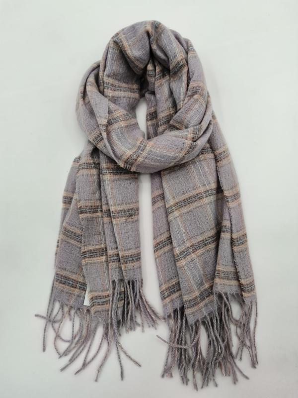 Grey plaid woven scarf with pink and brown stripe accents, twisted loop display with tassel fringe ends on white background - free sample within 7 days