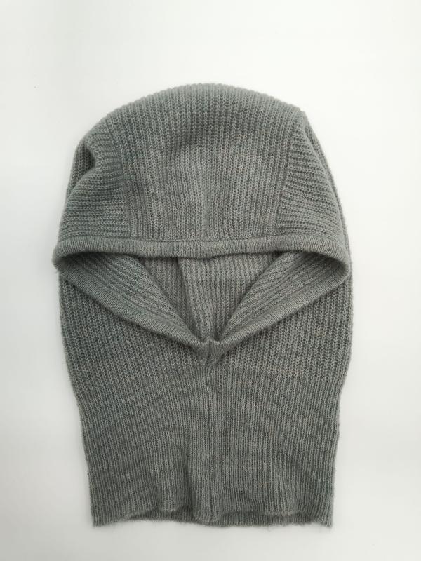 Grey ribbed knit balaclava full face ski mask laid flat on white background, open face design - BSCI + Oeko-Tex + GRS certified