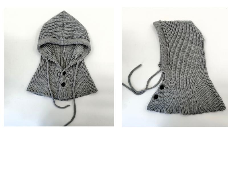 Grey ribbed knit balaclava hood scarf with drawstring ties and black button closure, shown from front and back - email us get price list now
