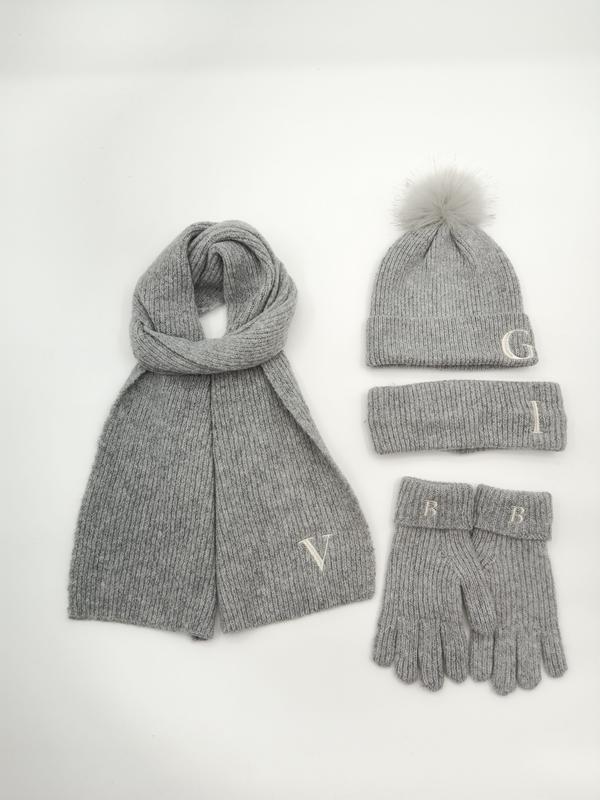 Grey ribbed knit winter accessory set with pom-pom beanie, scarf, headband and gloves with monogram initials - MOQ 100pcs mixed colors OK