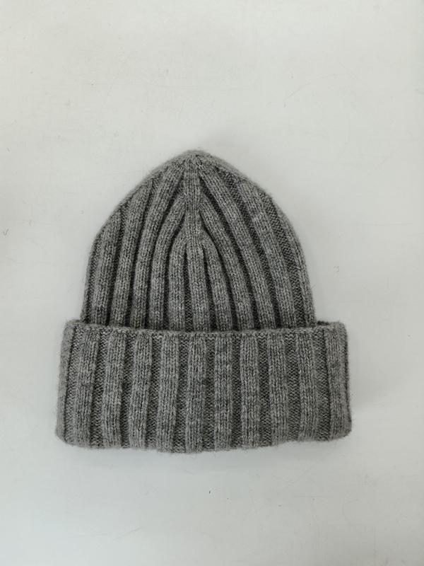 Light grey chunky ribbed knit beanie hat with wide folded cuff, laid flat on white background - tiered pricing available ask quote
