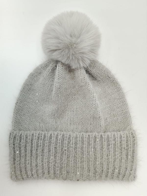 Light grey fuzzy knit winter beanie hat with large faux fur pom pom and scattered silver sequin embellishments - retail buyer inquiry welcome - contact for custom design quote