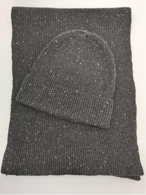 Grey ribbed knit beanie hat and matching scarf set with white fleck speckle detail, laid flat on white background - ODM OEM service available - private label service available