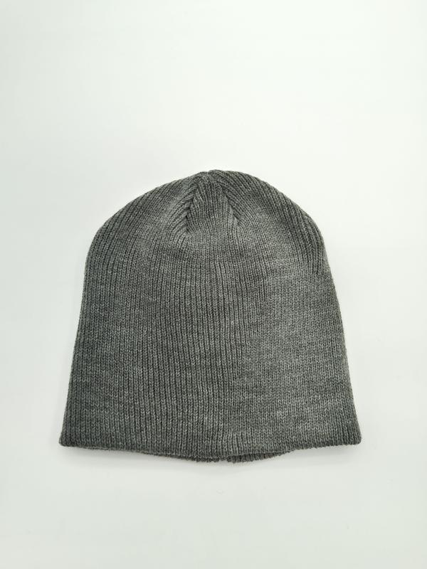 Flat lay of a heather gray ribbed knit beanie hat on white background, showing fine knit texture and tapered crown - 5-day digital sample ready